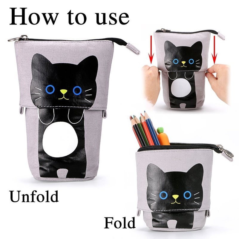 Ytuomzi Telescopic Pencil Pouch Standing Pen Holder Cute Pencil Bags Stand Up Pen Case Cartoon Pencil/Pens Storage Box Canvas+PU Stationery Organizer Makeup Bag with Zipper Closure (Gray) - Image 3